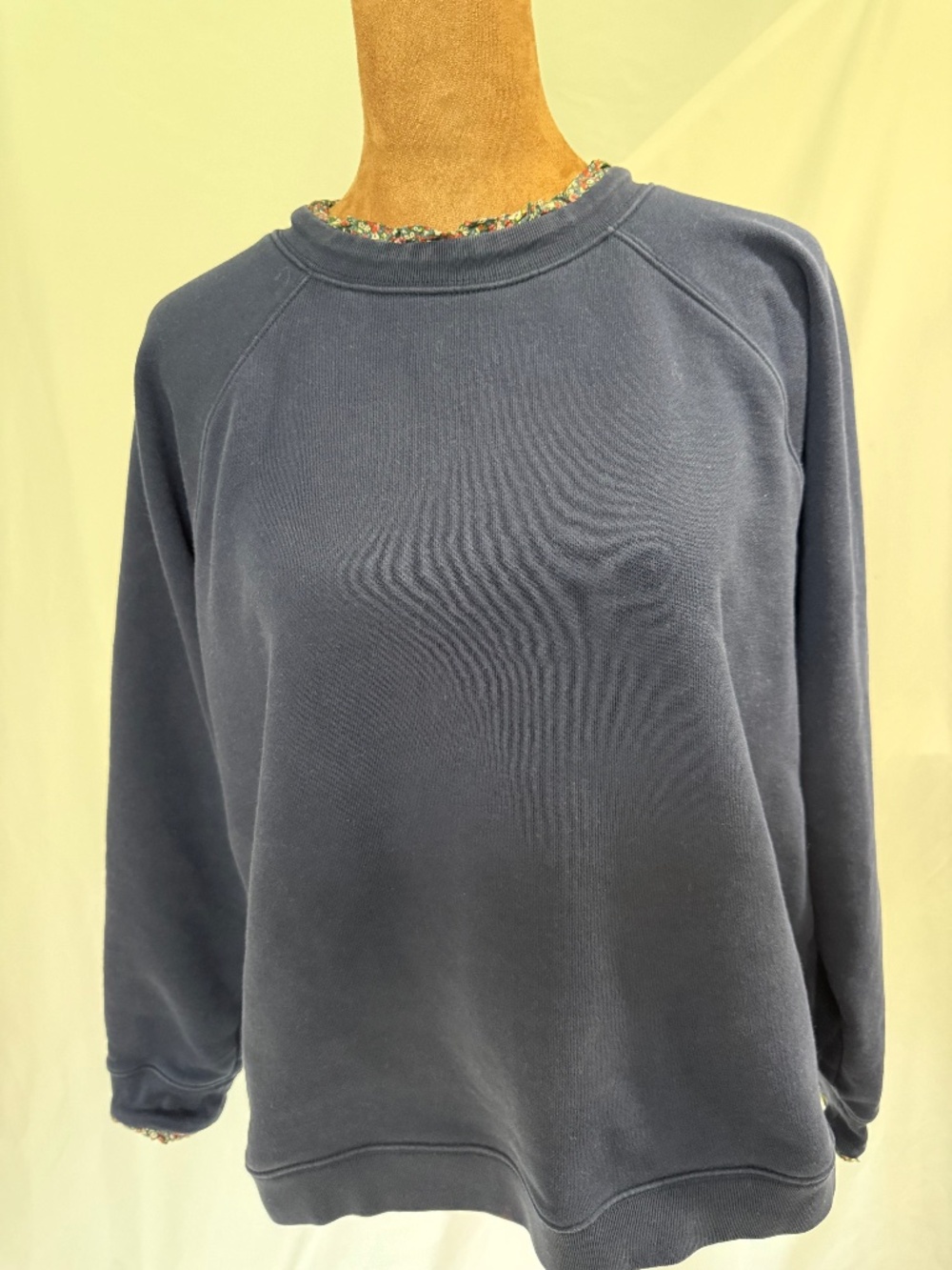 J.Crew Navy Blue Raglan Sweatshirt Floral Ruffle Trim Back Zip XL